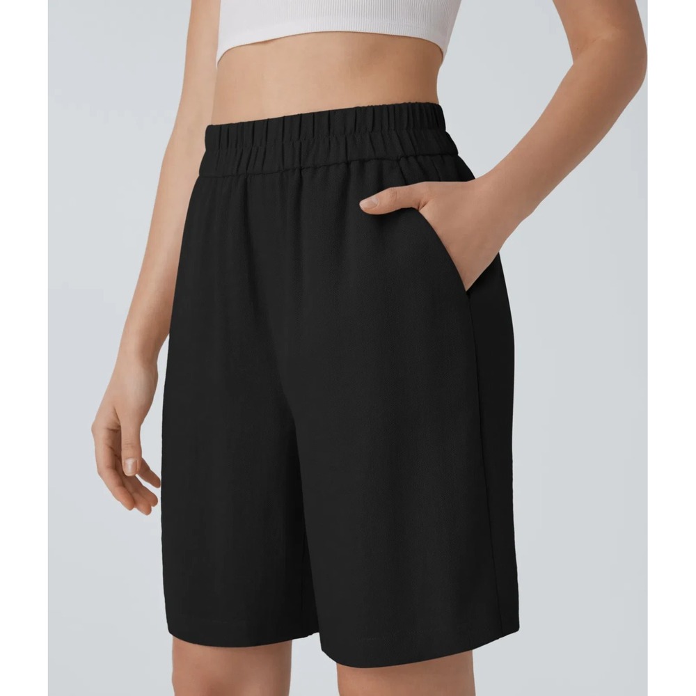 Halara High Waisted Pocket Casual Linen-Feel Bermuda Shorts Sz Med N